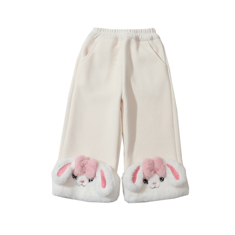 여자 기모 귀여운 토끼 캐주얼 바지 2024 가을 겨울 새 어린이 한국 소녀 두꺼운 겨울 바지