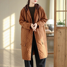 日系森女系 2025秋冬新品复古波点印花宽松连帽加厚保暖棉衣中长