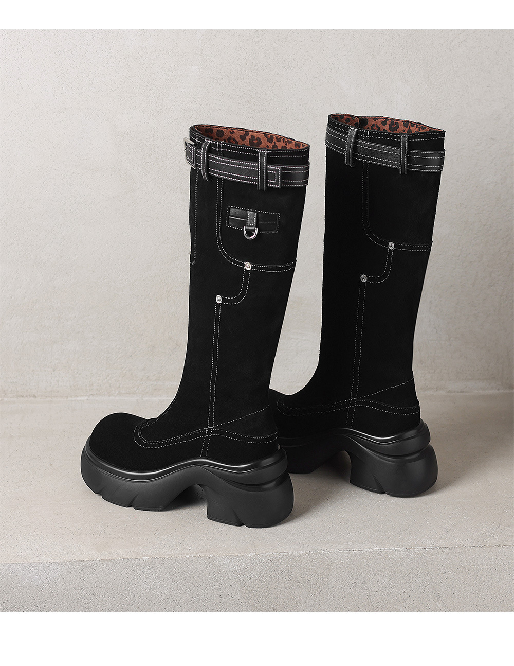 Boot nữ cao cổ hai kiểu mũi tròn đế dày phong cách Maillard da bò thời trang — Lớp lót nhung đen chi tiết 18