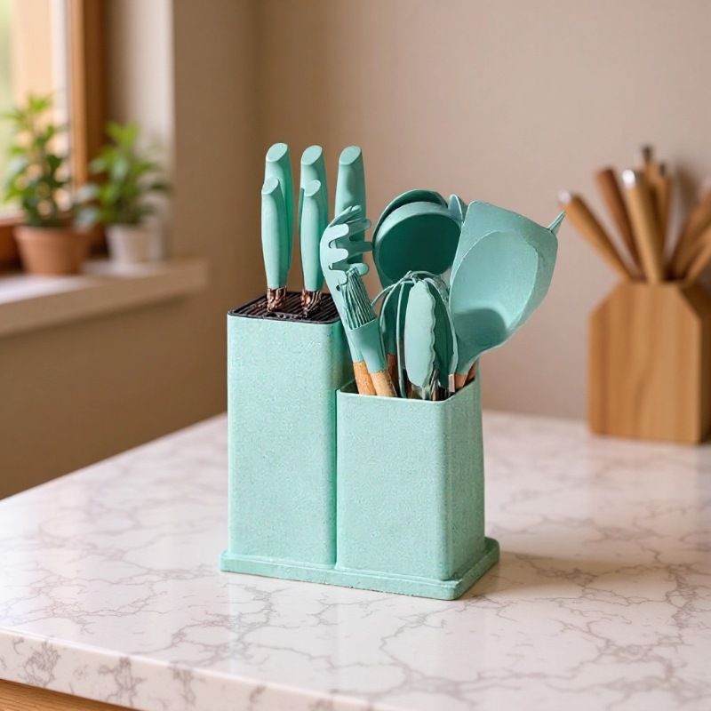 Fabricantes de cocina de silicona 19 piezas de cuchillos de cocina con cuchillos de silicona de almacenamiento tablero de cocina