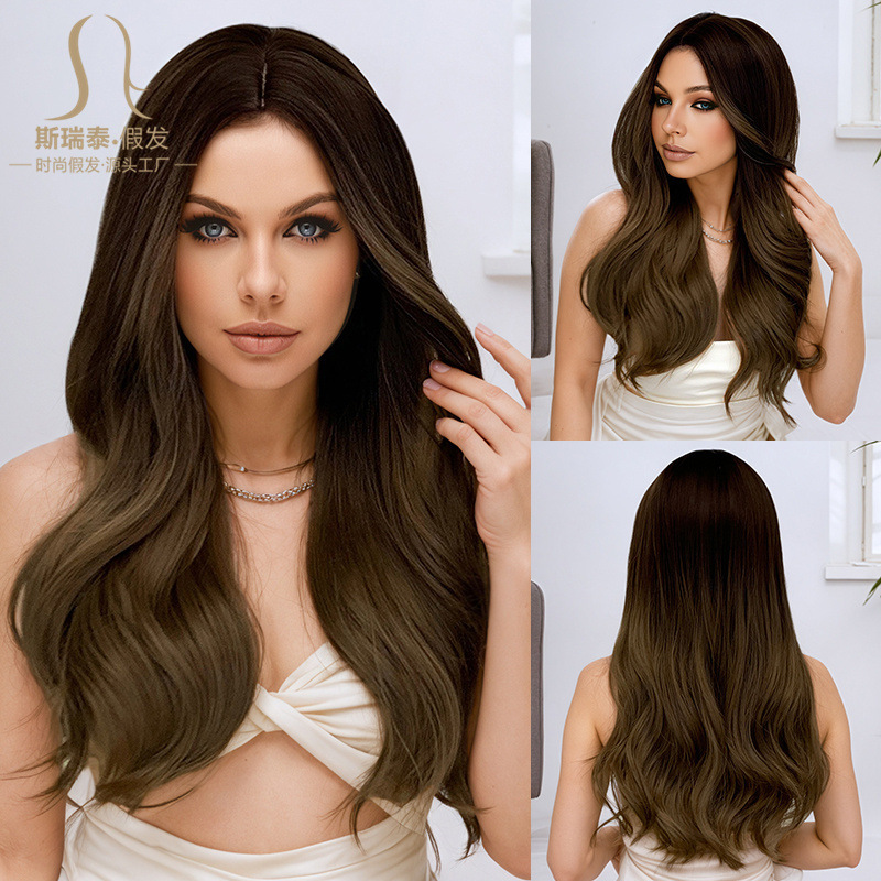 American Independent Website Temu In-Stock High-End European and American Style Wig Set with Middle Part Black-Brown Gradient Wavy Curly Women's Wig