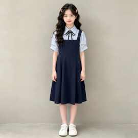女童夏季条纹短袖连衣裙韩系休闲百搭中长款学院风假两件公主裙子