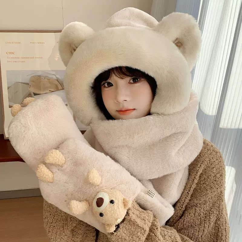 M 刺绣加大口袋围巾帽子手套三件套秋冬保暖百搭可爱男女通用防寒