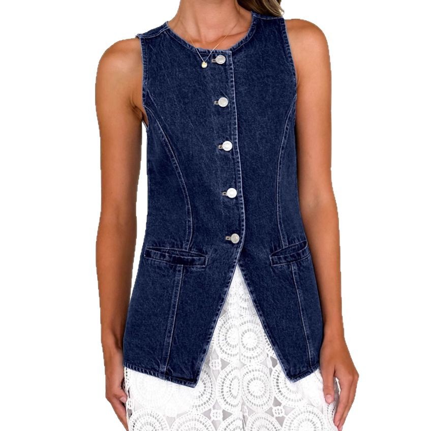 Amazon Independent Station Cross-border nueva moda retro europea y americana cuello redondo sin mangas cintura chaqueta de mezclilla chaleco damas image 5
