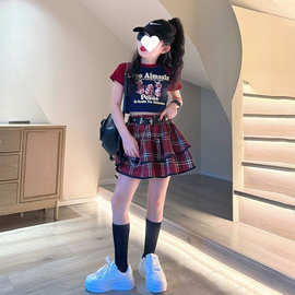女童夏装短款T恤蓬蓬裙两件套2025新款中大童辣妹装格子裙辣妹装