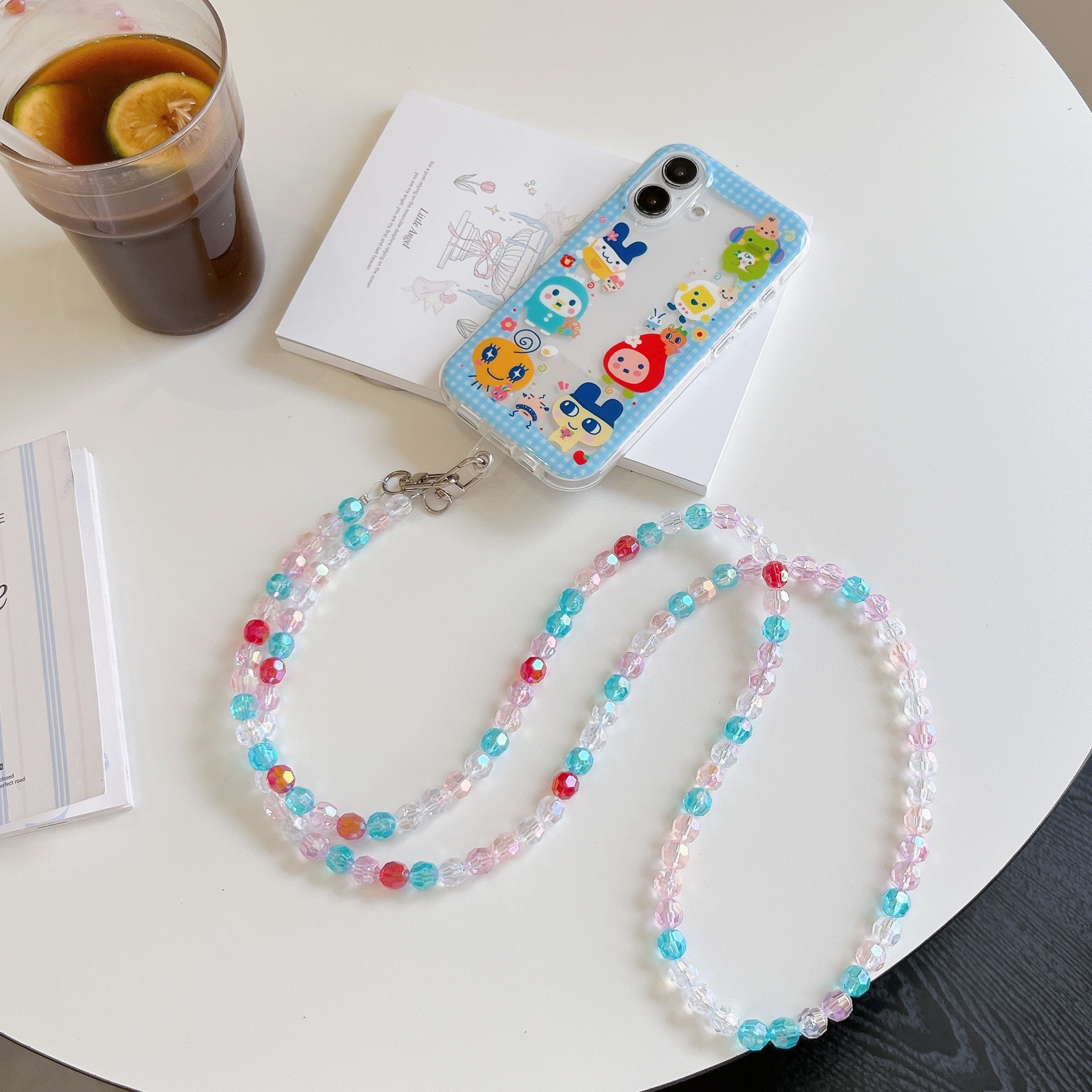 Cuentas de cristal de color transparente de octogono de cadena larga y corta para caso de teléfono móvil, cadena larga hecha a mano, cuerda portátil DIY