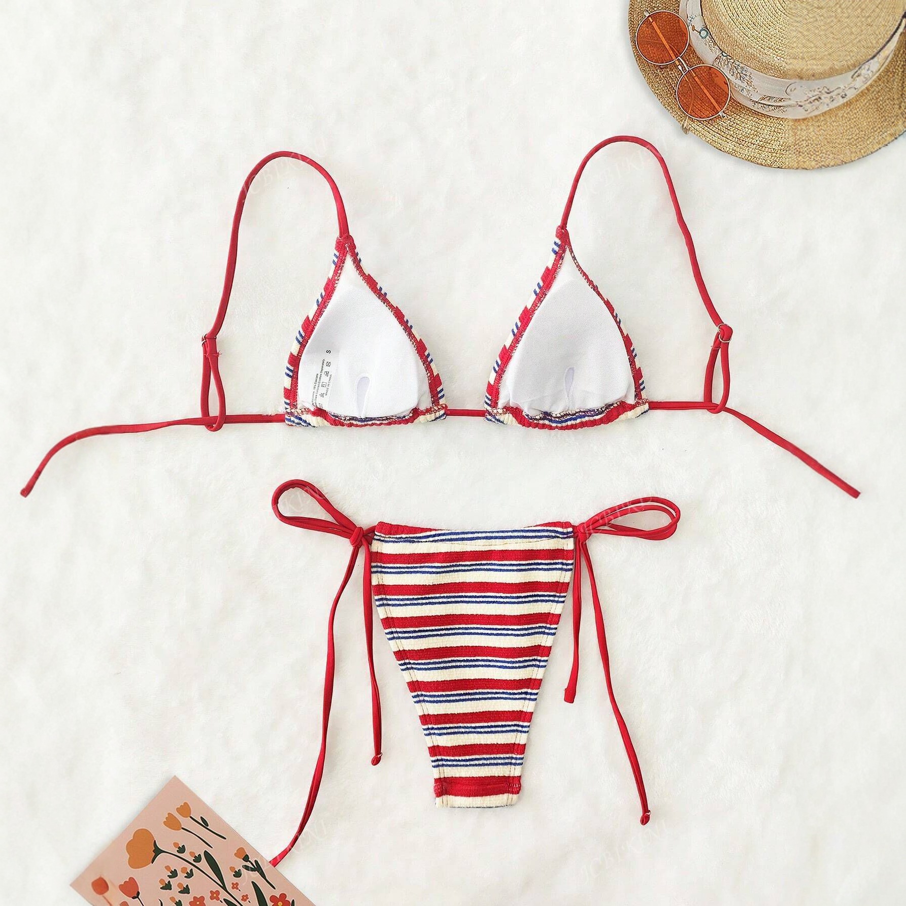 Sexy zweiteiliger Damen-Badeanzug, europäische und amerikanische Exportqualität, gestreift, tiefsitzend, mit Bindebändern, Bikini-Set aus Spezialstoff 2025_voghion.com