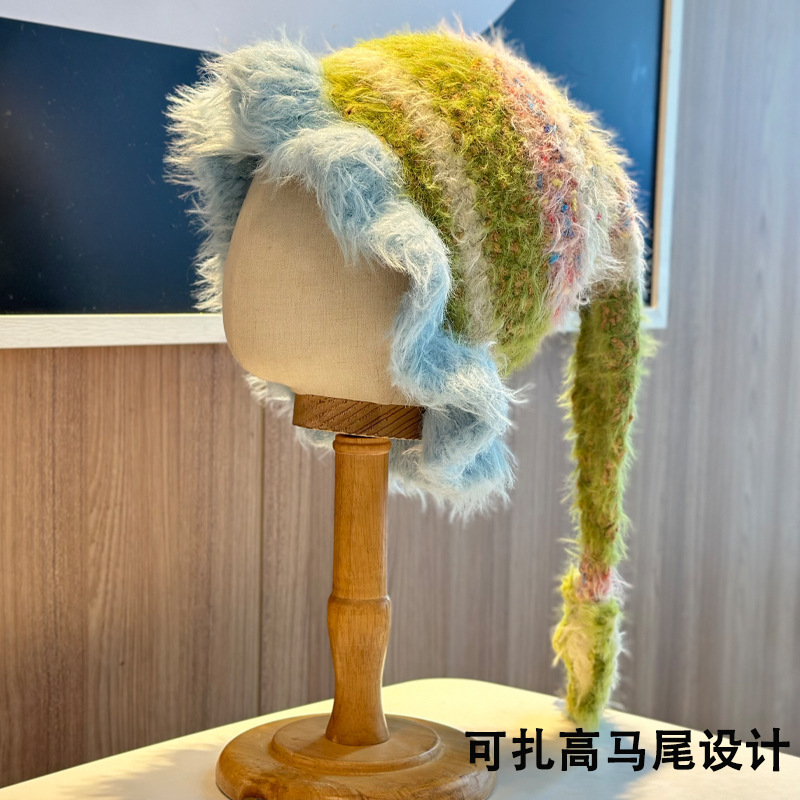 2025新款多巴胺拼色毛绒帽子女秋冬保暖甜美星星可扎马尾包头帽|undefined