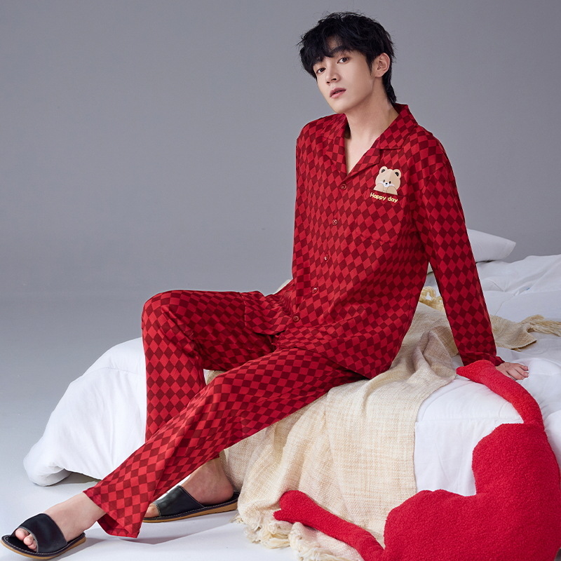 Pijama de hombre primavera y otoño de algodón rojo pantalones de manga larga para niños 2024 nuevo estilo de ropa de hogar de verano