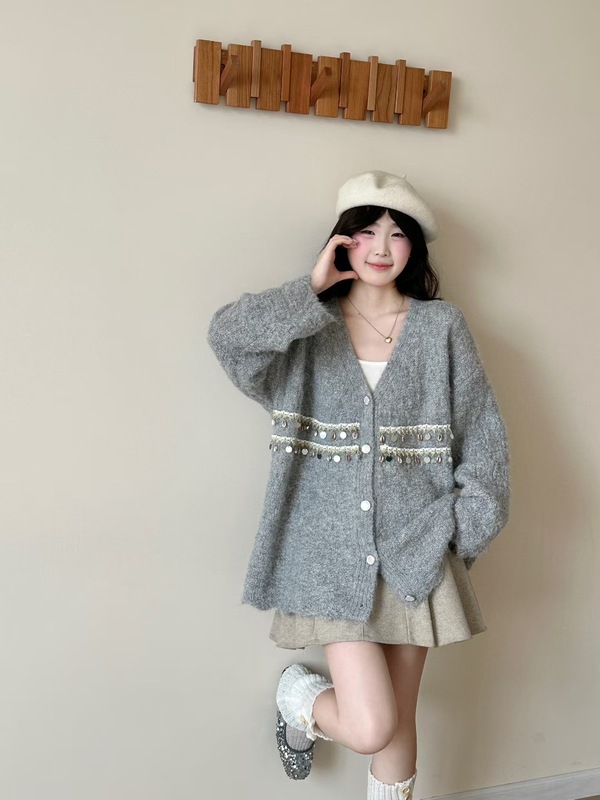 时尚亮片V领休闲开衫毛衣女2025秋冬新款韩版宽松甜美针织衫外套|undefined
