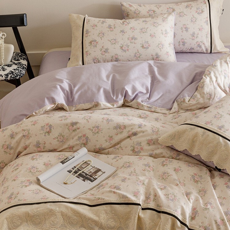 Spring and Autumn Cotton Four-Piece Set Pure Cotton Quilt Cover Bed Sheets French Small Floral Quilt Cover Lace Edge Bedding Princess Style