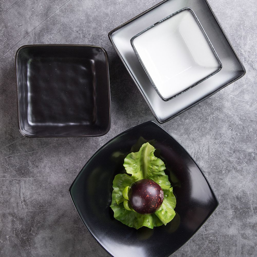 Creativo copo de nieve esmalte negro tazón cuadrado de cerámica tazón de ensalada de frutas tazón de arroz tazón de sopa tazón cuchara tazón condimento tazón