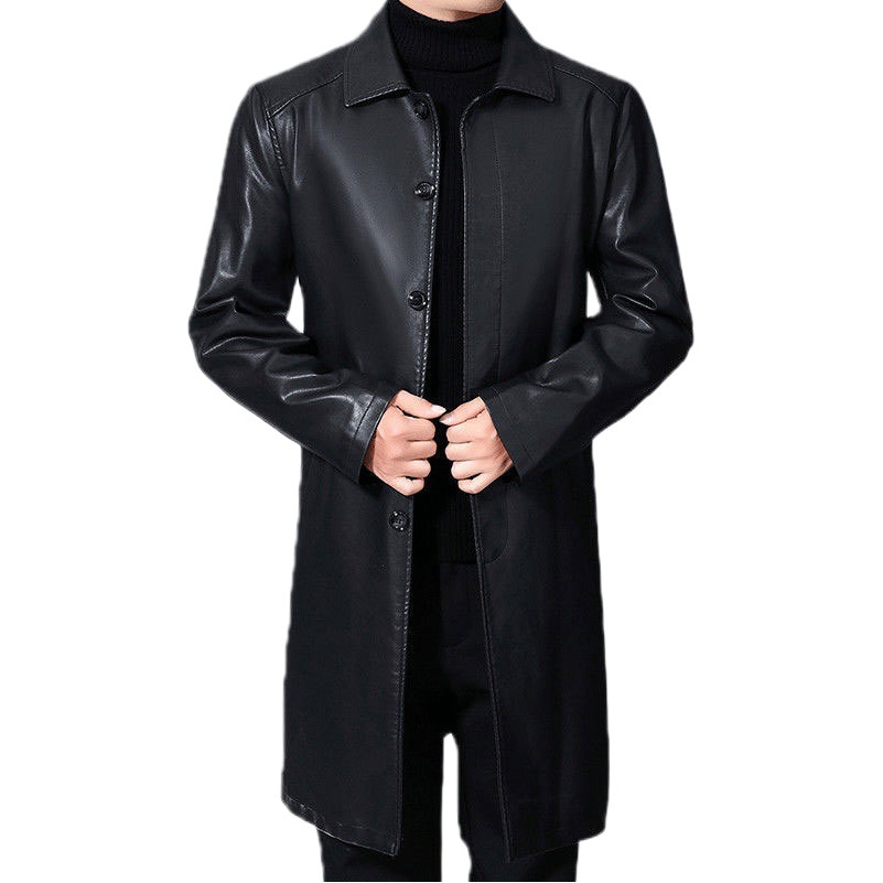 Thickened Long Leather Coat Men's Lapel Fur Integrated Leather Coat Thickened Over-the-knee Leather Coat Men's Coat