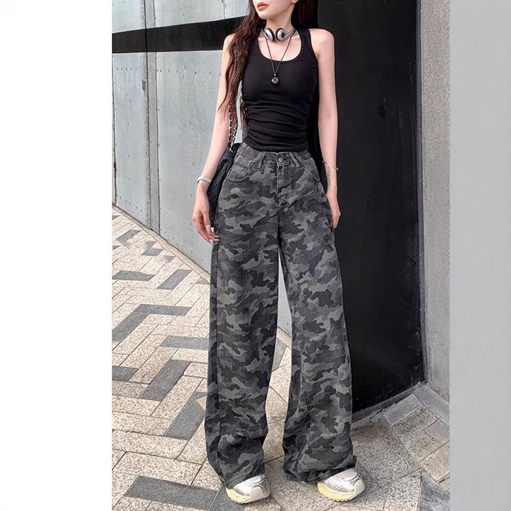 Vaqueros de pierna ancha de camuflaje retro americano para hombre 2025 primavera nuevo estilo de cintura alta pantalones de trapeador rectos sueltos y delgados