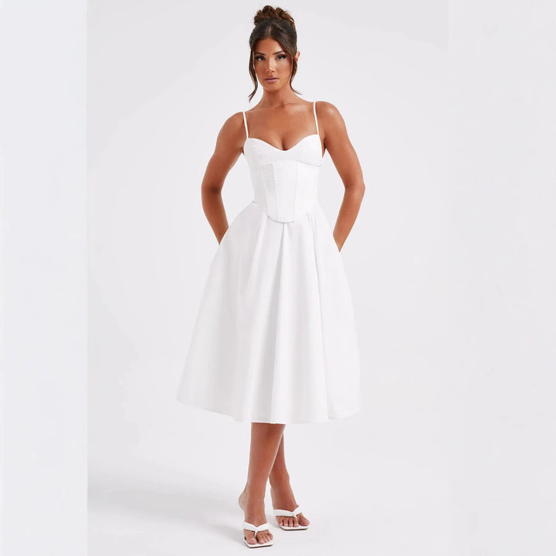 French Retro Solid Color Sleeveless Fishbone dress 2024 Winter New Fresh and Generous V-neck Waisted Mid-length Dress