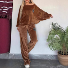 2024欧美风跨境爆款女装春秋金丝绒纯色圆领蝙蝠袖休闲2件套女装
