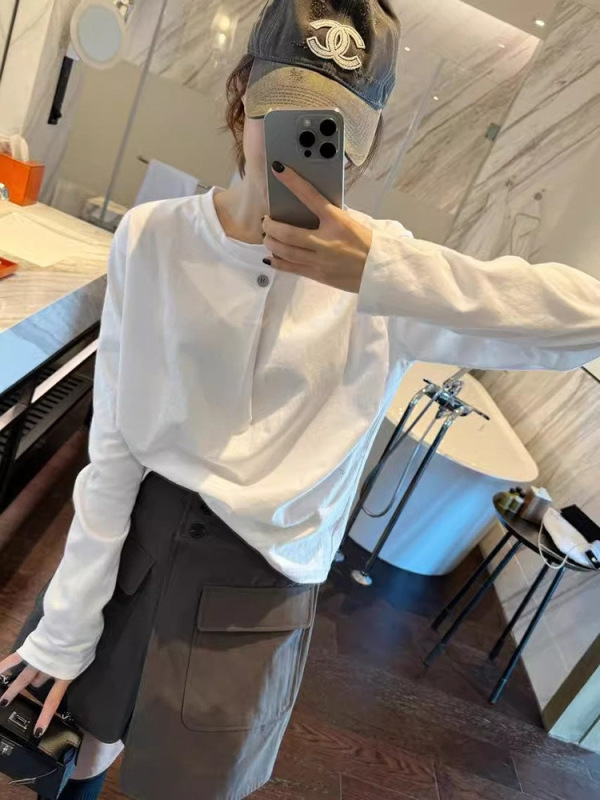 设计感小众别致长袖t恤女秋季正肩宽松白色内搭打底衫一粒扣上衣|undefined