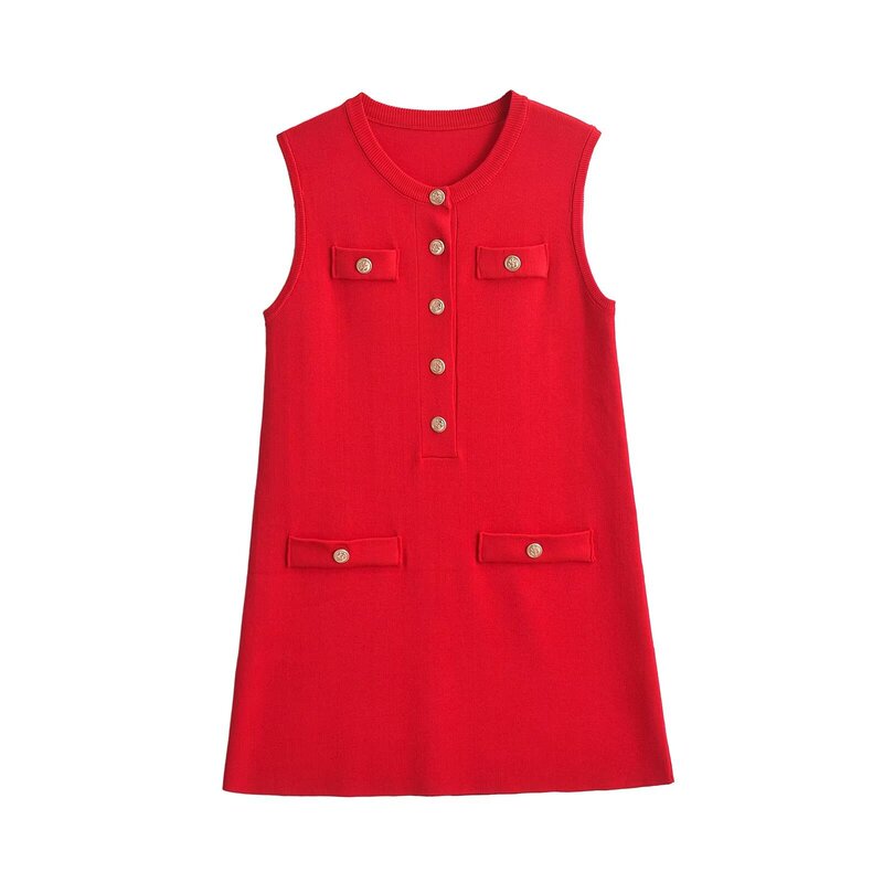 Wholesale 2024 summer new European and American style women's red round neck sleeveless plain knit dress