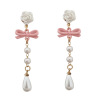 Cute long silver needle, fuchsia earrings from pearl with bow, silver 925 sample, flowered