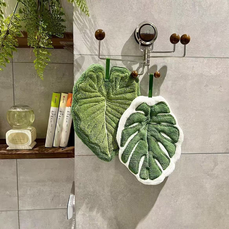 Green Plant Hanging Hand Towel Creative Thickeneded Turtle Leaf Absorbent Rag Coral Velvet Bathroom Kitchen Household Small Towel