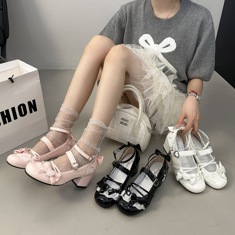 2025 New Summer Export Large Size Versatile Cute Bow High Heels Lolita Jk Princess Mary Jane Leather Shoes