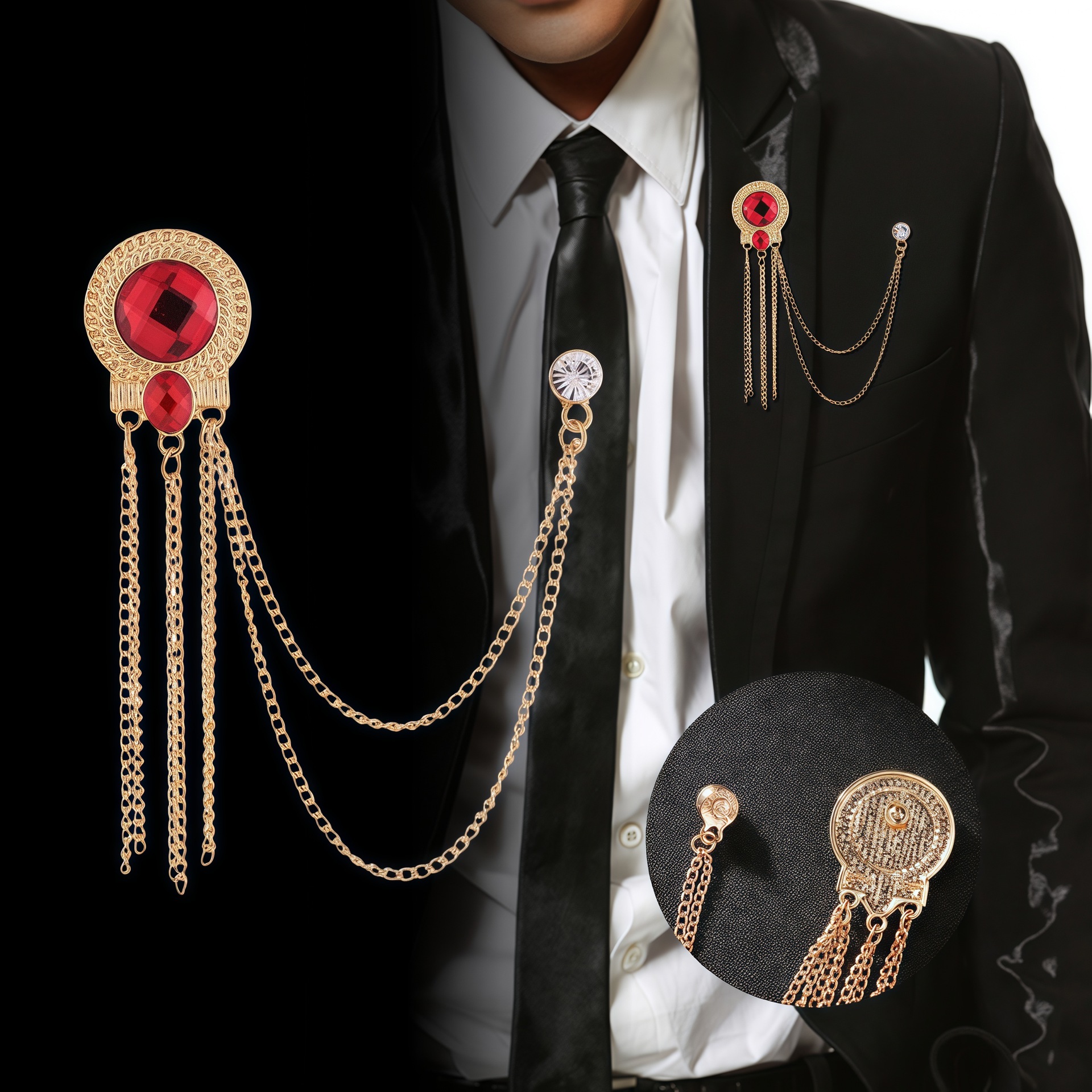 New Trendy Men's Suits, High-End Suits, Gemstone Tassel Chains, Host Wedding Performance Brooch Accessories