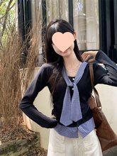学院风撞色格子拼接假两件针织衫女秋春夏韩系chic上衣设计感小衫