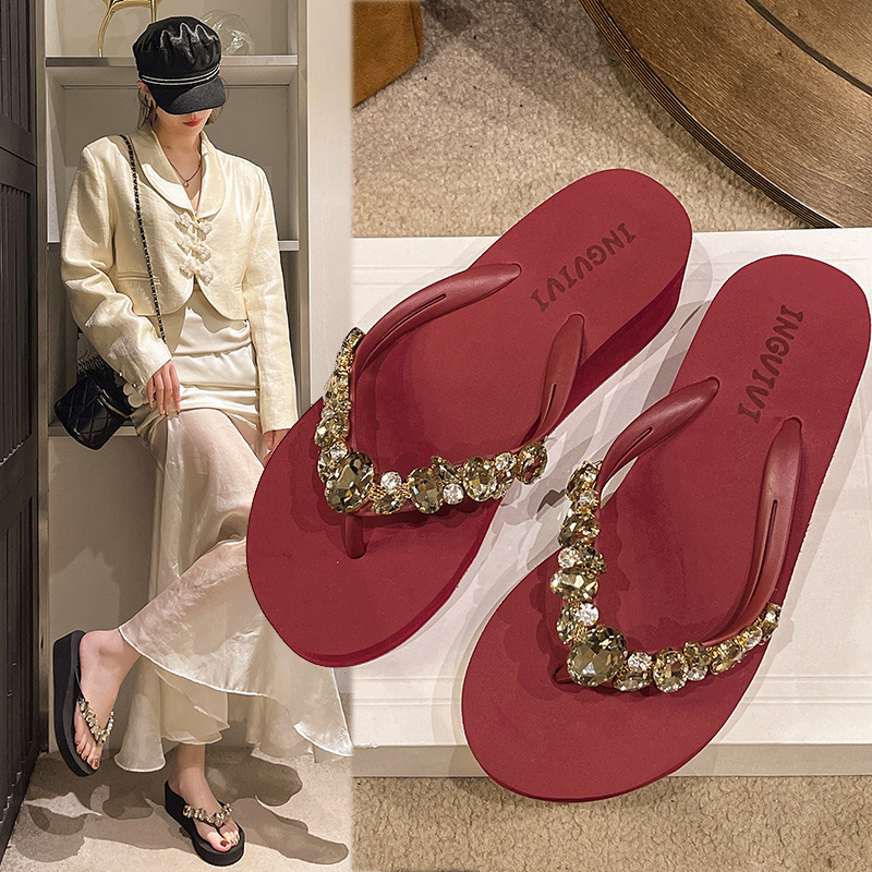 Summer New Rhinestone Flip-Flops Women's Wedge Heel Fashion Flip-Flops Outer Wear Casual Non-Slip Mid-Heel Beach Sandals