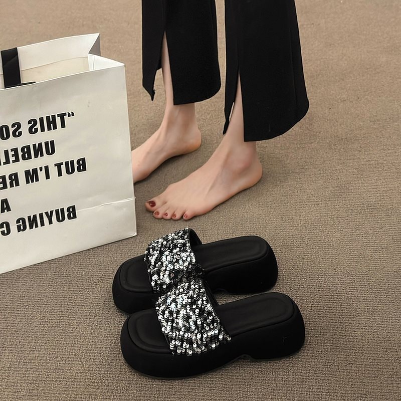 Zapatillas de muffin de diafragma sensitivas de verano para mujeres, una palabra para damas, sandalias de suela gruesa, zapatillas de medio frío, nuevo negro image 8