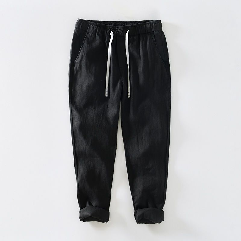 Verano nuevo estilo ropa de hombre pantalones casuales de lino puro cintura elástica cordón color sólido fino material de cáñamo transpirable pantalones delgados hombres