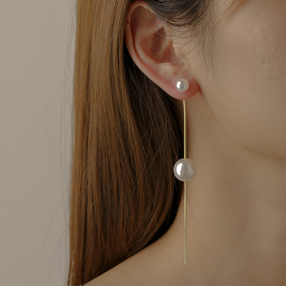simple pearl tassel asymmetric chain rhinestone alloy earringspicture3