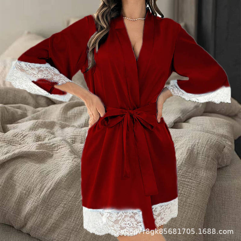 European and American Cross-Border Bathrobes, Bridesmaid Gifts, Nightgowns, Mid-Sleeve Long Imitation Silk Pajamas, Lace-Up Casual Nightgowns, Home Clothes