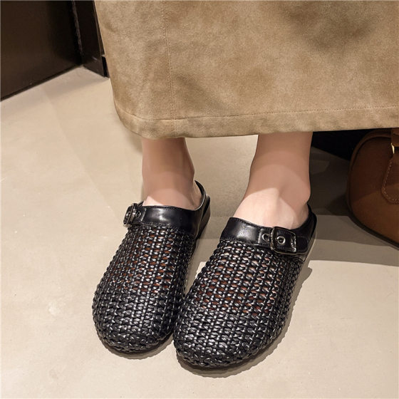 2.5cm High-grade Genuine Leather Baotou Half Slippers 2025 New Spring and Summer French Round Toe Flat Sandals for Women