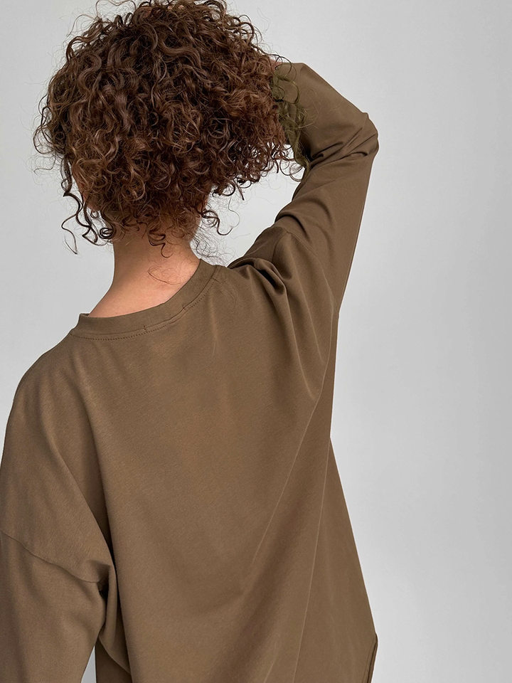 Áo thun nữ cotton 100% cổ tròn tay dài form rộng màu trơn — Màu cà phê, Màu hồng, Màu mơ, Màu trắng chi tiết 19