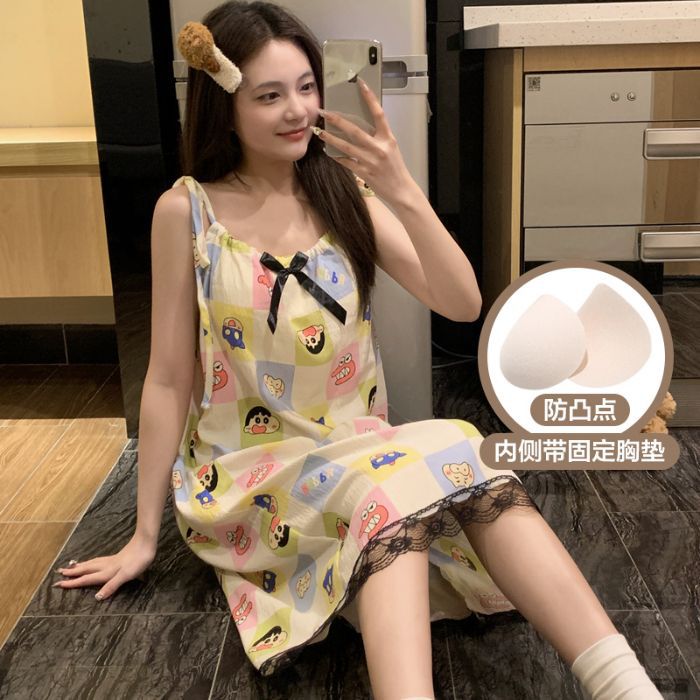 Transfronterizo al por mayor Yunduo Cinta de algodón Almohadilla fija para el pecho Eslinga con cuello en V Camisón de mujer Pijamas de estilo dulce sexy para mujer