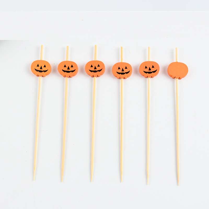Halloween una vez horquilla de frutas palillos de dientes de dibujos animados calabaza snack stick stick de frutas string stick de bambú stick de bambú ecológico