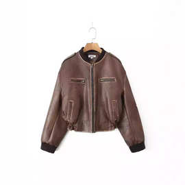 跨境批发秋季新款复古拉链飞行员夹克外套欧美立领机车PU皮外套女