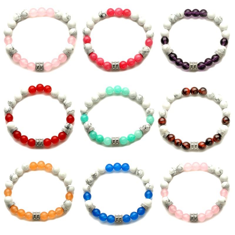 Venta caliente transfronteriza natural blanco turquesa pulsera de cuentas simple moda mujer de acero inoxidable encanto energía pulsera elástica