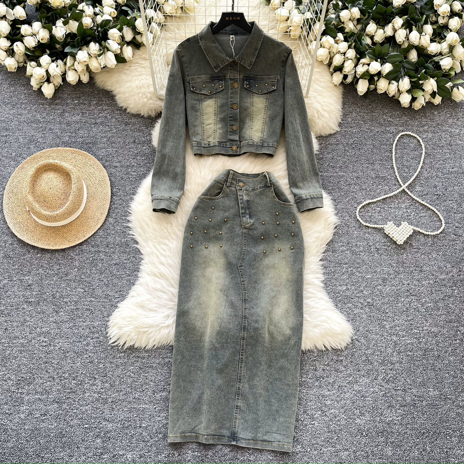 Гонконгский вкус ретро chic модная шиповая джинсовая куртка куртка женская юбка с высокой талией и бюстом весенний набор из двух частей