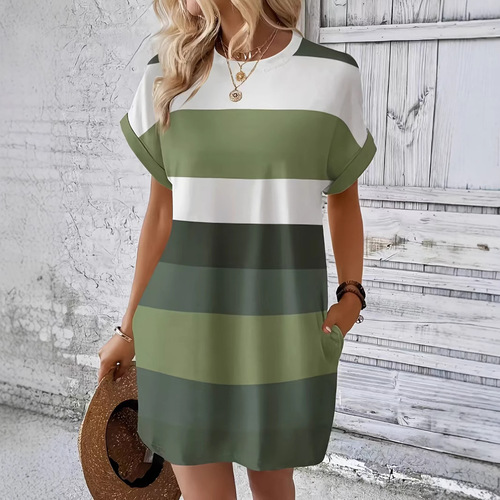 2025 spring and summer new European and American Amazon temu home nightgown round neck dress casual striped women's clothing
