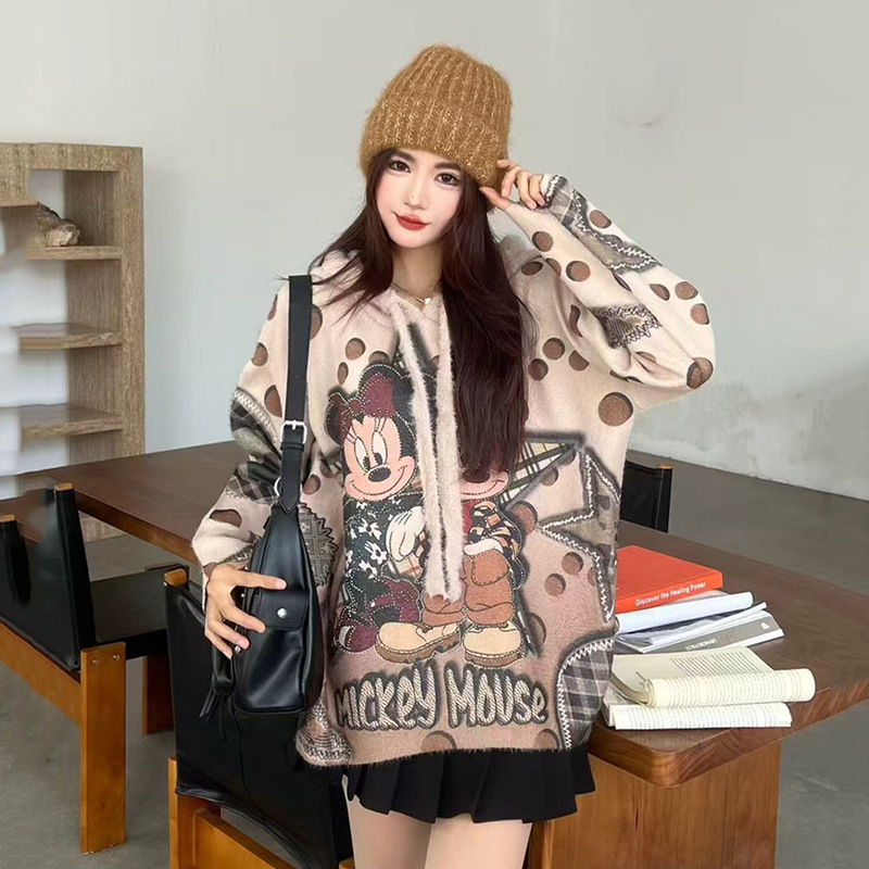 Spring New Style Cartoon Mickey Print Soft Hooded Sweater for Women, Loose Casual Sweet Youthful Versatile Top