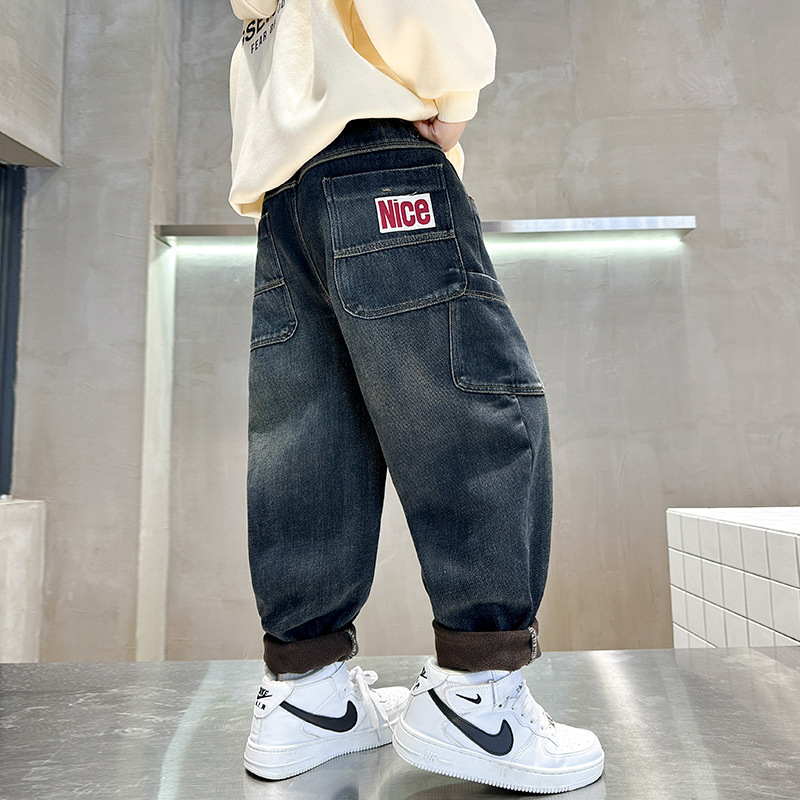 어린이 소년 기모 바지 겨울 청바지 2024 년 새 겨울 소년 원피스 양털 캐주얼 바지