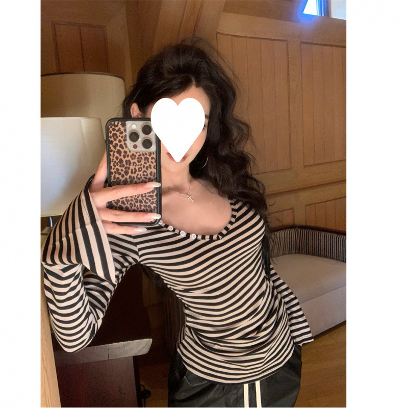 Designed Bell-Sleeved Stripesd V Neck Long-Sleeved T-Shirt Tops for Women Summer New Waist Slimming Look Inner Layering Shirts for Women