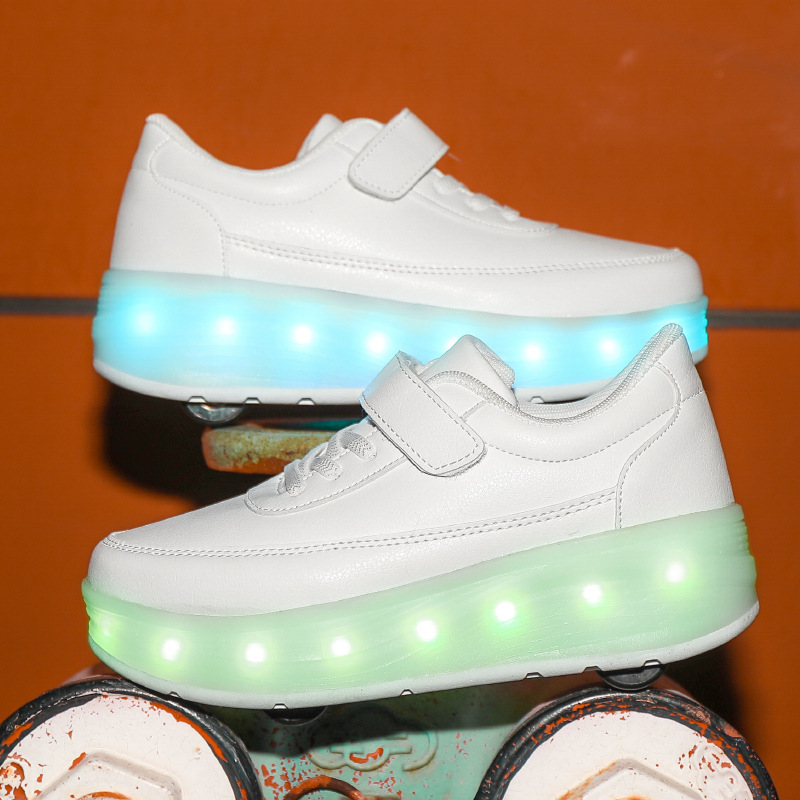 Nouvelles chaussures de marche à quatre roues chargeant des patins à roulettes pour enfants chaussures lumineuses LED Velcro chaussures à roulettes chaussures éclatées_voghion.com