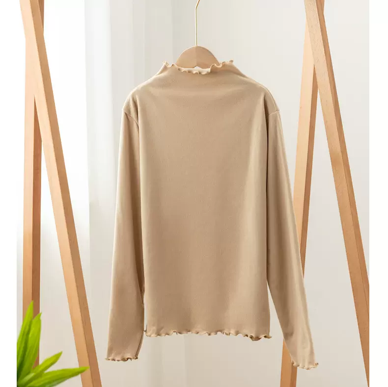 德绒木耳边打底衫秋冬纯色内搭保暖木耳边长袖女洋气圆领保暖上衣