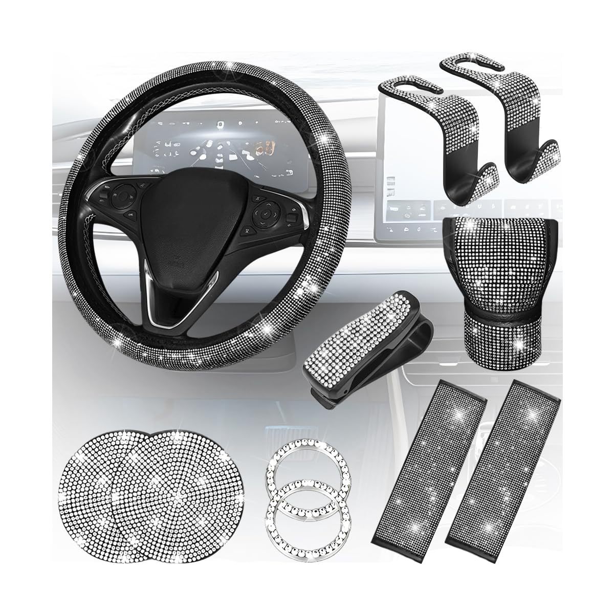 11-Piece Car Interior Set with Diamond-Encrusted Steering Wheel Cover, Car Hook, Glasses Holder, One-Touch Start Ring