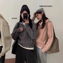 韩国东大门慵懒加厚复古粗针麻花半拉链毛衣外套女潮咖啡色均码