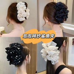 泡状両面大きなリボン付きヘアクリップ、女性用メッシュシャーククリップ、後頭部ヘアピン、ヘアアクセサリー、2025年新作、多用途