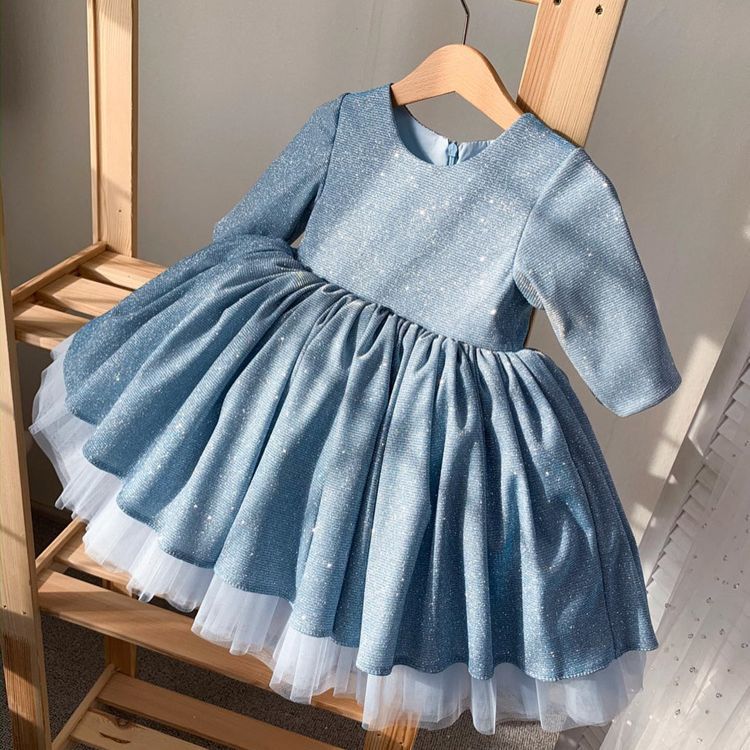 Peacock Blue Bow & Sequin Princess Dress For Girls – A-Class Satin Flower Girl Gown For Piano Recitals & Hosting Events (80-160cm)_voghion.com