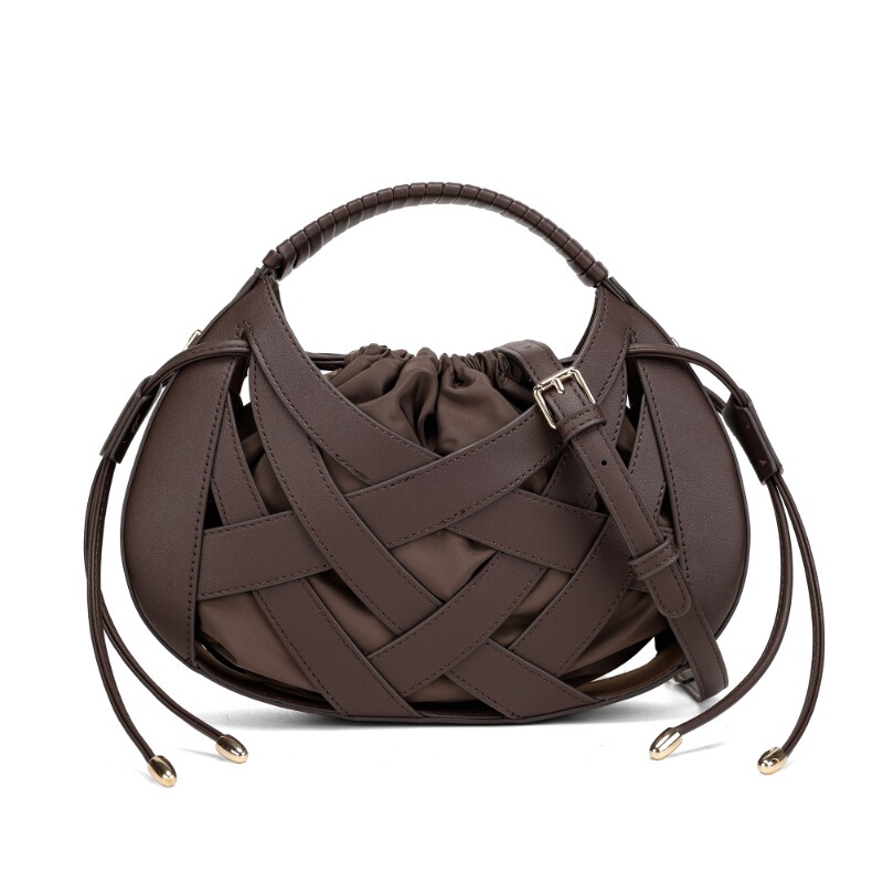 European and American Retro Simple Drawstring Cross-Woven Hollow-Out Handbag 2026 New Model with Inner Pocket Single Shoulder Crossbody Bag